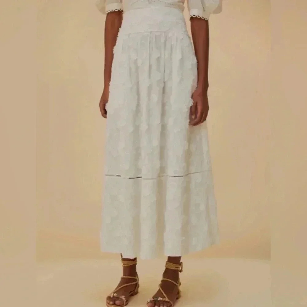 NWOT $295 FARM Rio Off White 3D Flower Midi Skirt